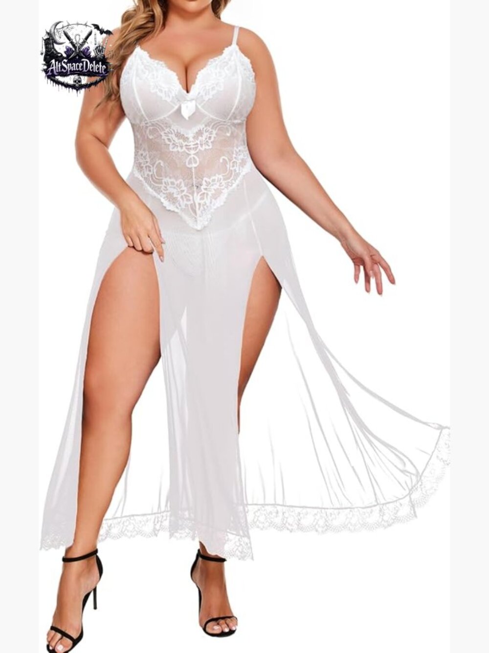 Plus Size Mesh Babydoll Nightgown Backless Lace Sleepwear Adjustable Straps